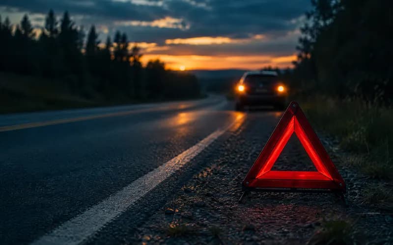 Warning triangle on a road shoulder at dusk, illustrating what to do after a car accident in Iowa