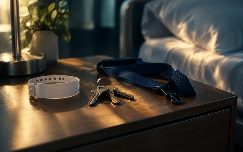 Hospital wristband and keys on a nightstand, illustrating FMLA leave eligibility
