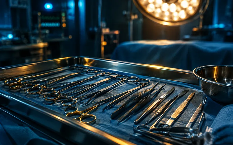 Surgical instruments on a tray under operating-room lights, illustrating medical malpractice in Iowa