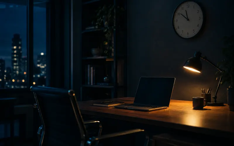 Office clock showing late evening over an empty desk, illustrating unpaid overtime and exempt status
