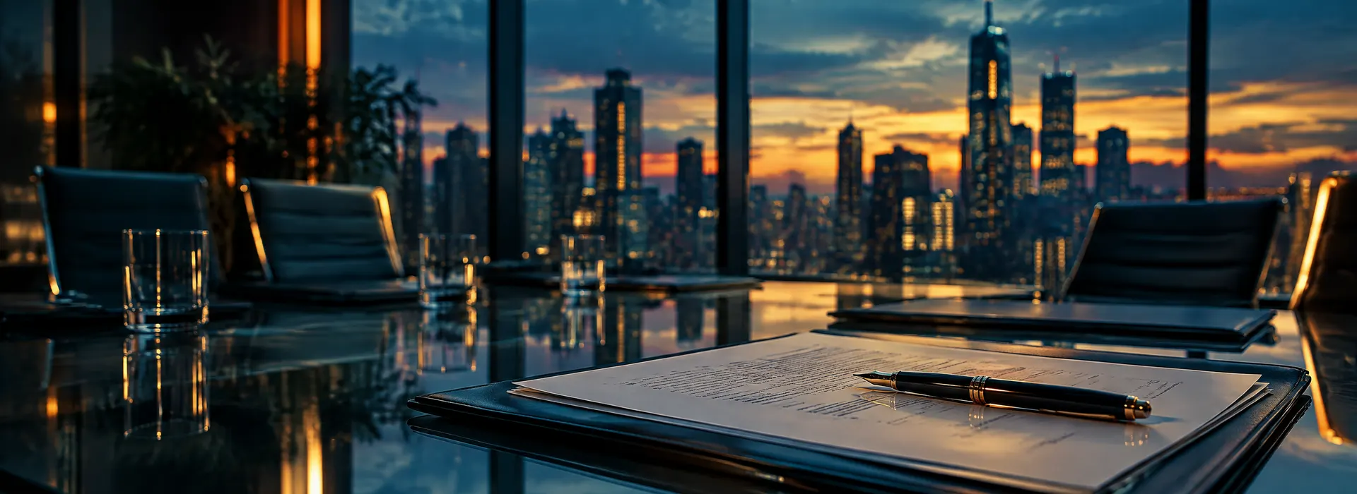 Boardroom table with contract documents and a fountain pen at dusk, representing commercial litigation in Davenport