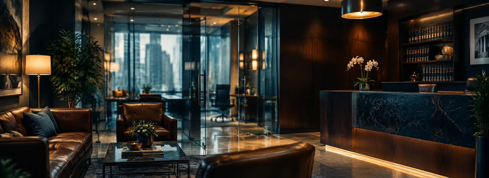 Warm-lit reception area of a Davenport law office