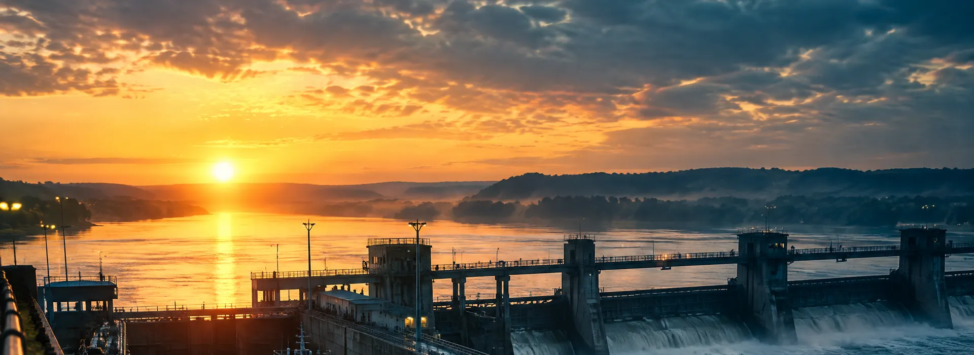 Mississippi River lock and dam at sunrise in Muscatine County, Iowa