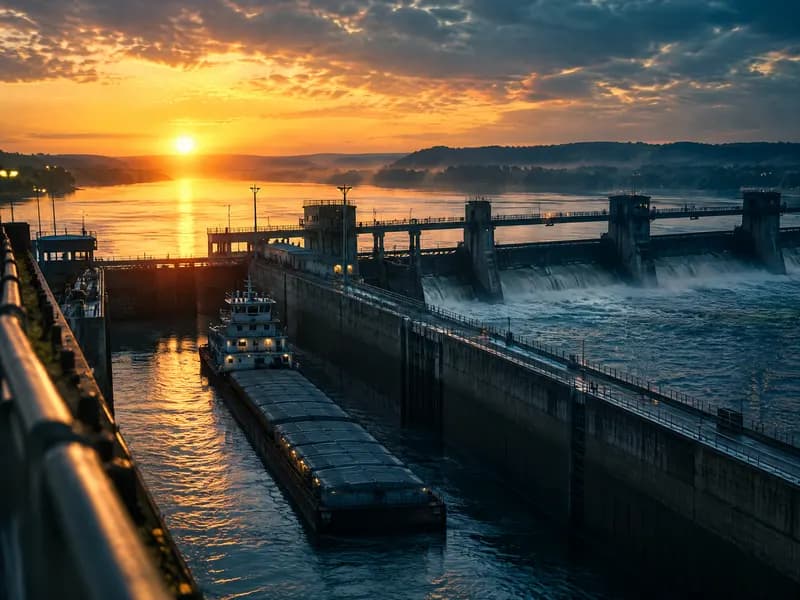 Mississippi River lock and dam at sunrise in Muscatine County, Iowa