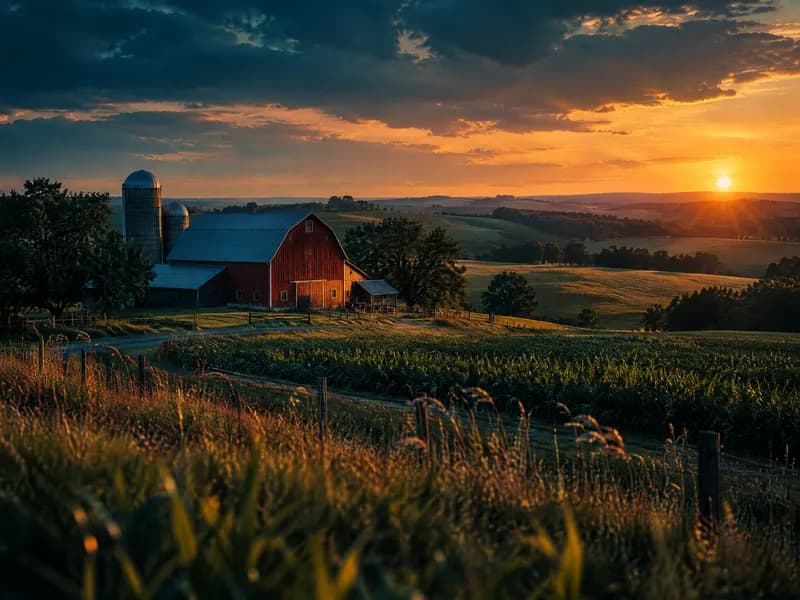 Rolling farmland and a red barn at golden hour in Clinton County, Iowa