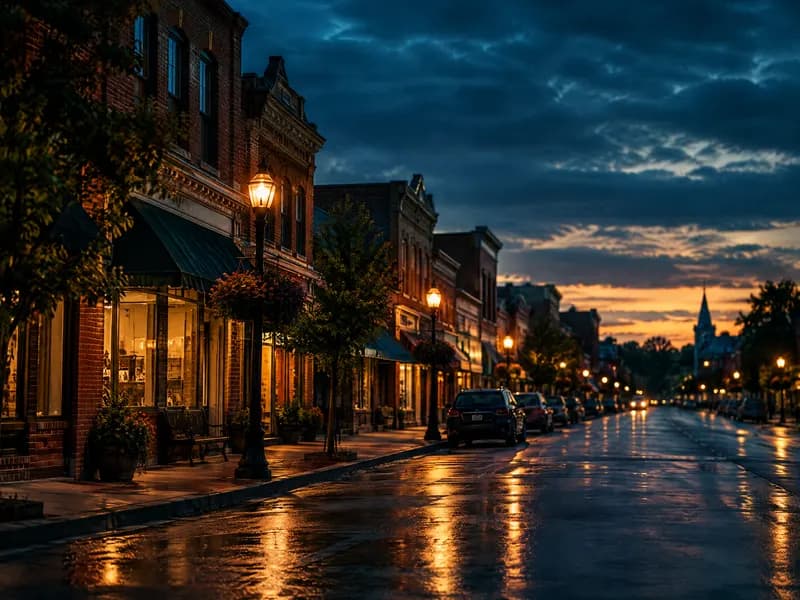 Brick small-town main street at dusk in Mercer County, Illinois