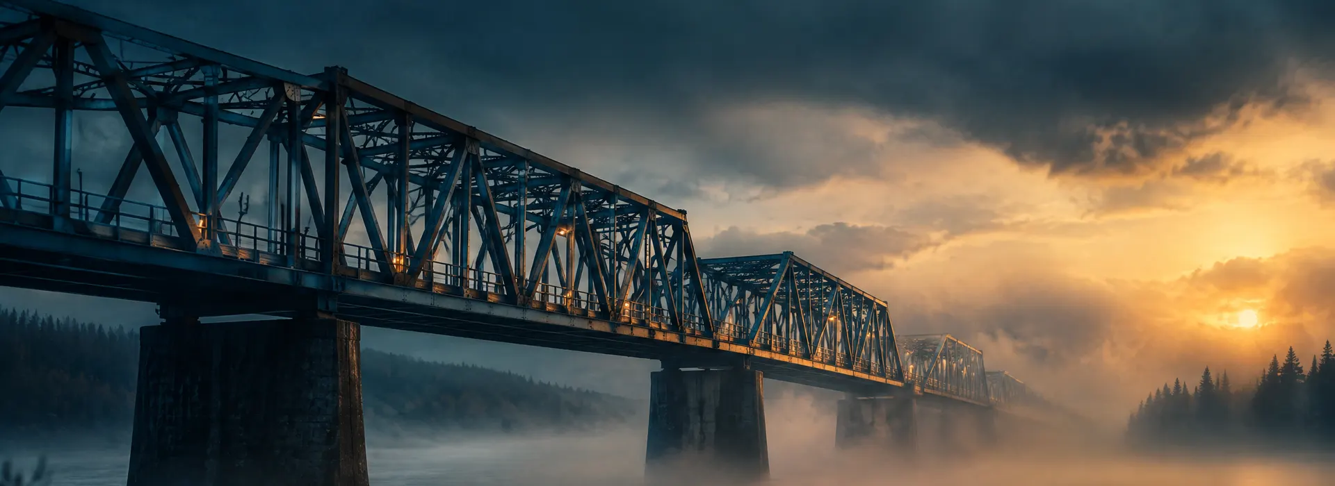 Steel bridge over the Mississippi River in morning fog near Davenport, Scott County, Iowa