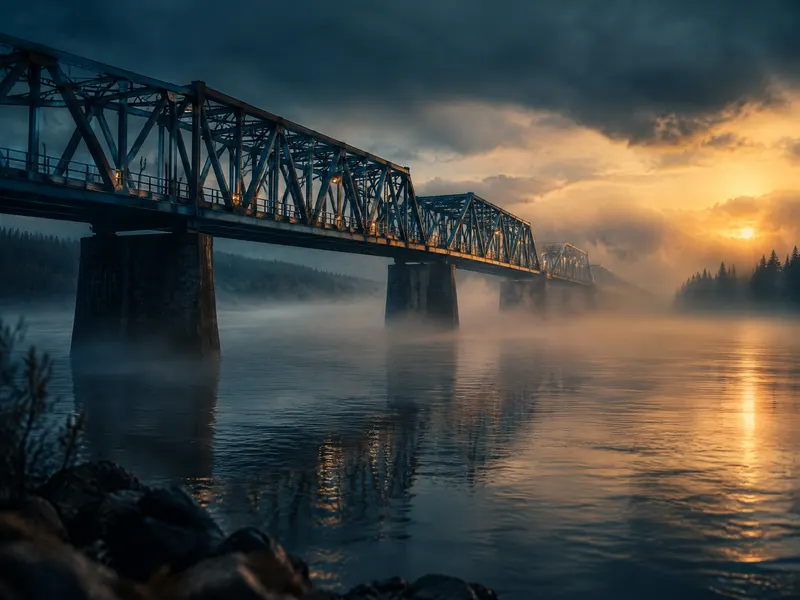 Steel bridge over the Mississippi River in morning fog near Davenport, Scott County, Iowa