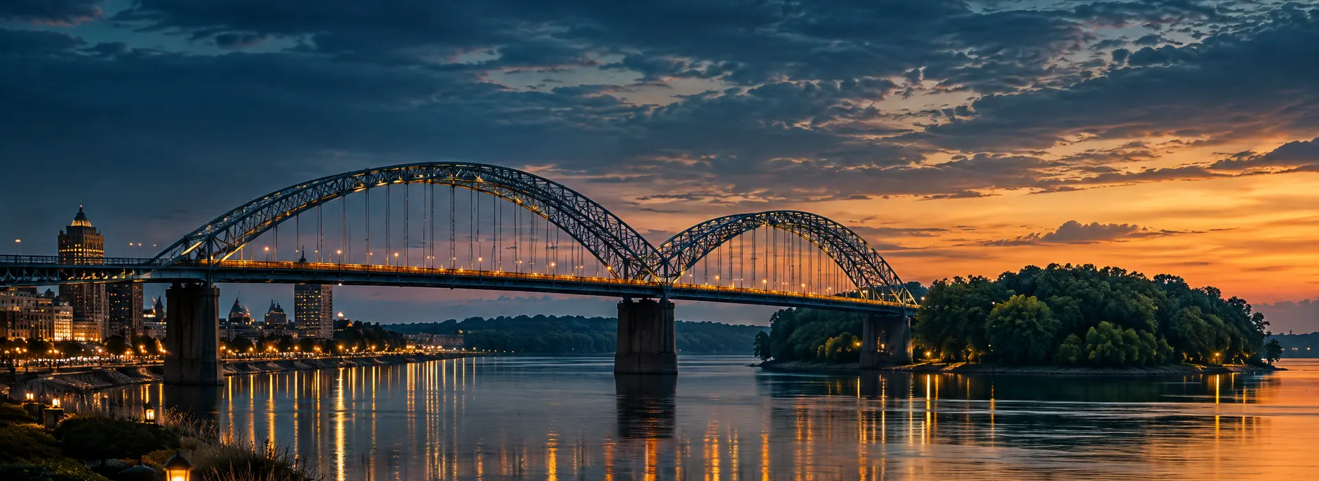 Arched bridge over the Mississippi River at dusk, connecting the Quad Cities in Rock Island County, Illinois