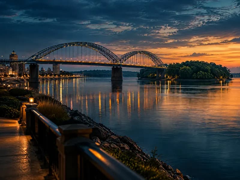 Arched bridge over the Mississippi River at dusk, connecting the Quad Cities in Rock Island County, Illinois