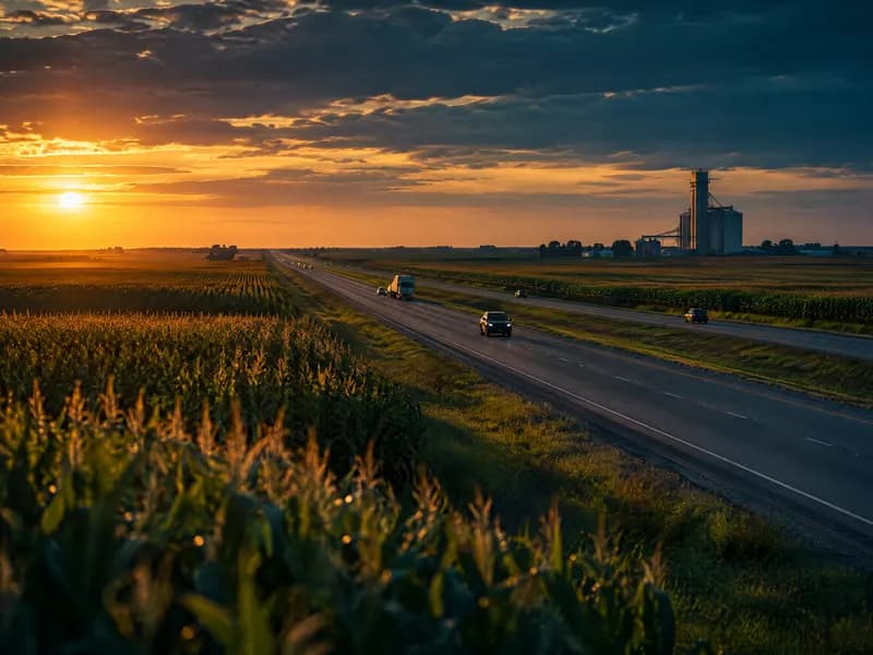 Interstate highway through cornfields at golden hour in Henry County, Illinois