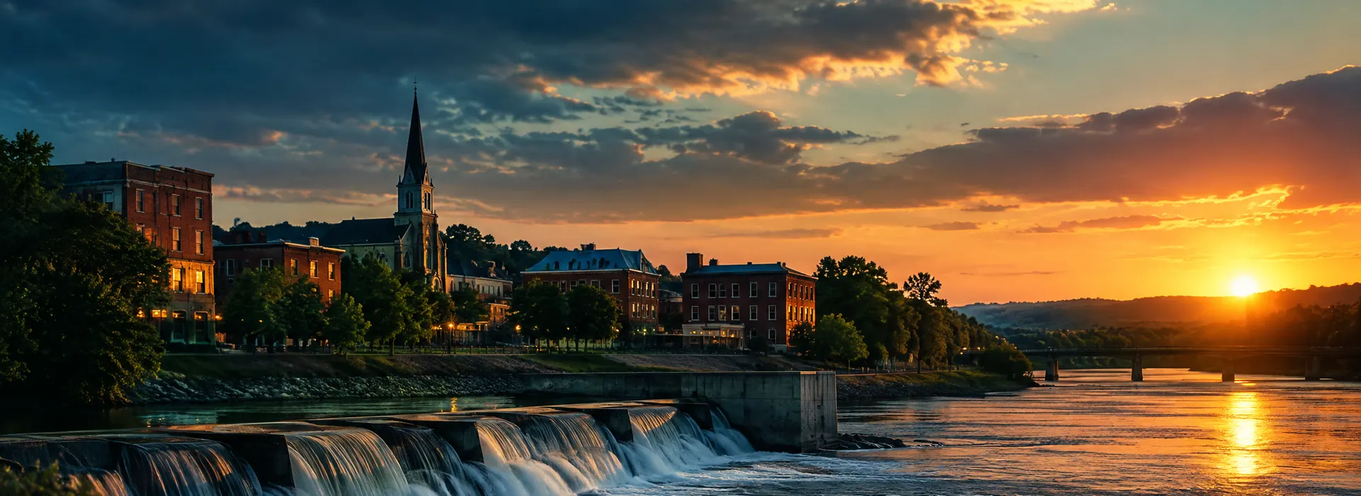Rock River dam and riverside town at sunset in Whiteside County, Illinois