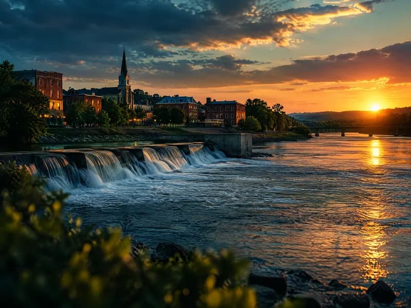 Rock River dam and riverside town at sunset in Whiteside County, Illinois