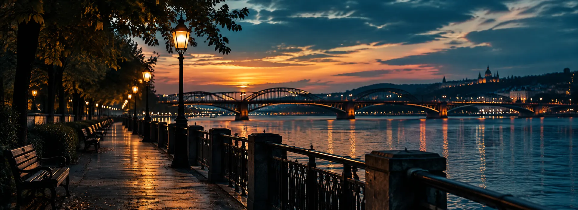 Davenport riverfront promenade at evening with a bridge over the Mississippi River