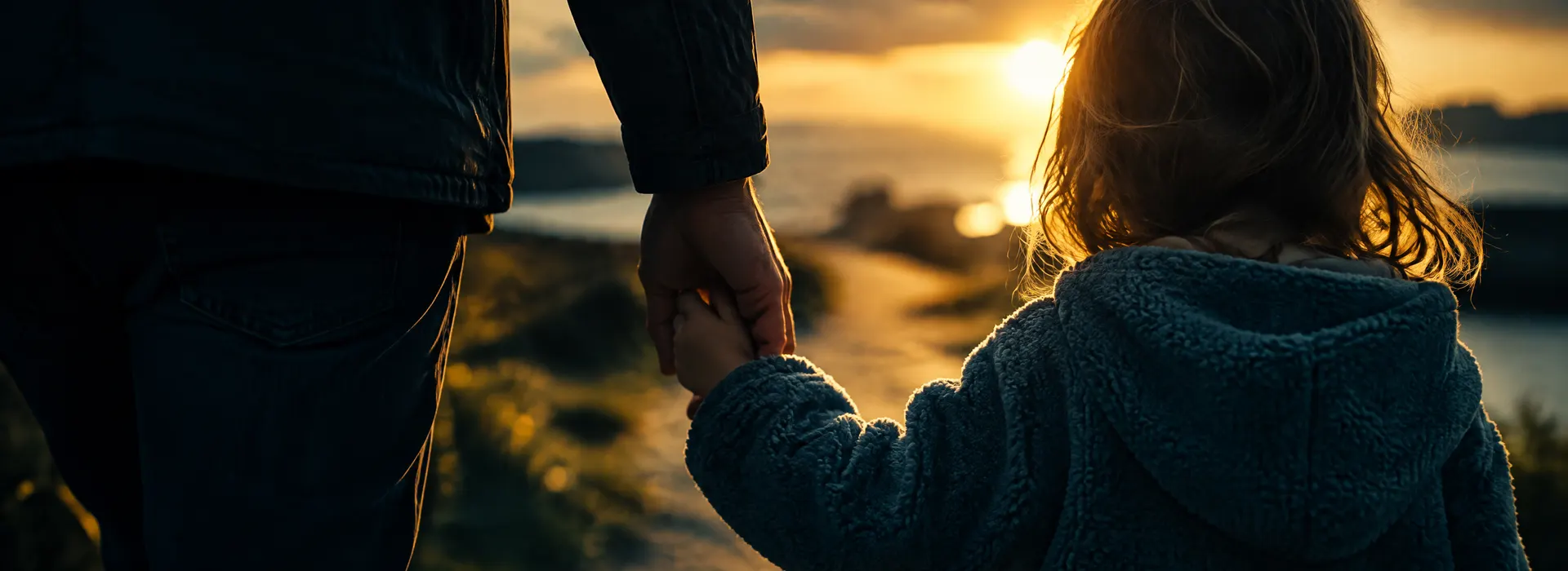 Adult holding a child's hand at golden hour, representing family law matters in Davenport, Iowa