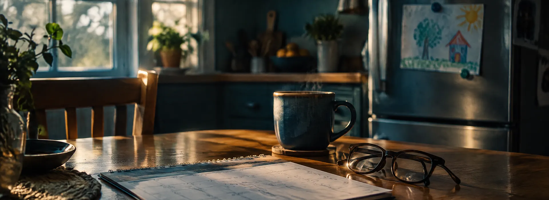 Kitchen table with calendar, coffee and reading glasses in morning light, representing family and medical leave