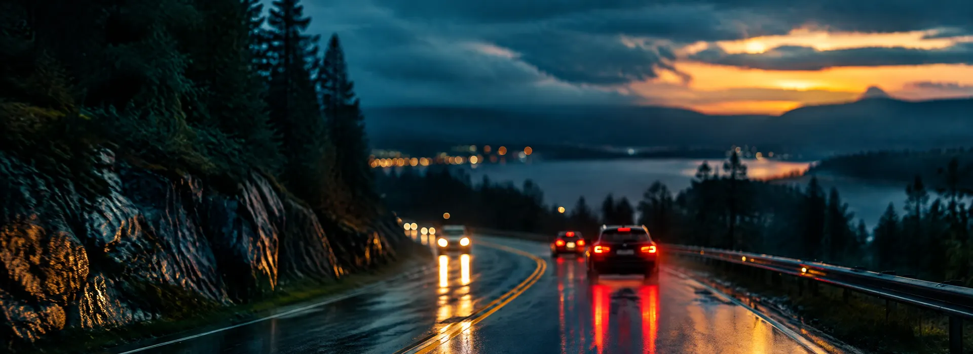 Rain-slick two-lane road at dusk with tail-lights, representing car accident claims handled by a Davenport personal injury attorney