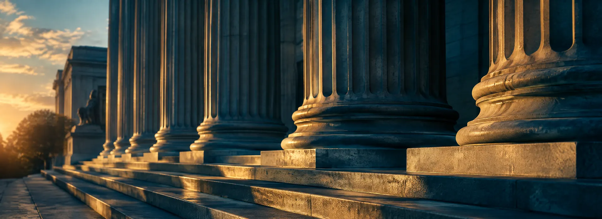 Courthouse columns and stone steps in morning light, representing a Davenport law firm's practice areas