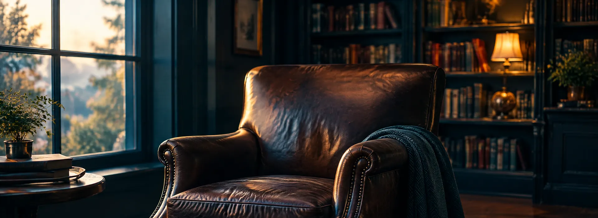 Leather armchair beside a window in a quiet law office library