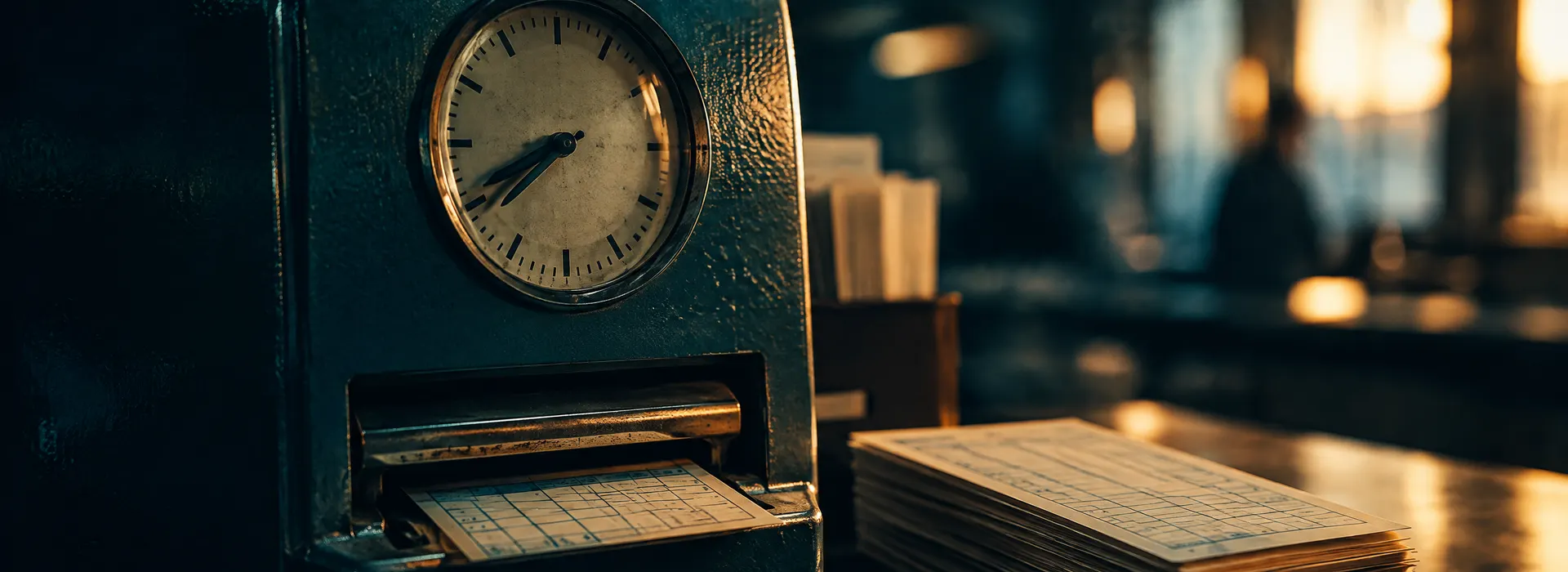 Vintage punch clock and stack of timesheets, representing wage and hour disputes in Davenport, Iowa
