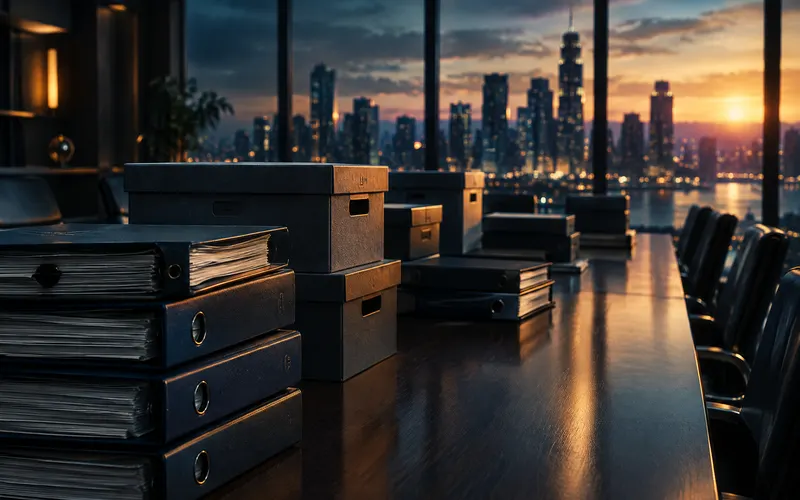 Document binders and boxes on a conference table at dusk, representing commercial litigation in the Quad Cities