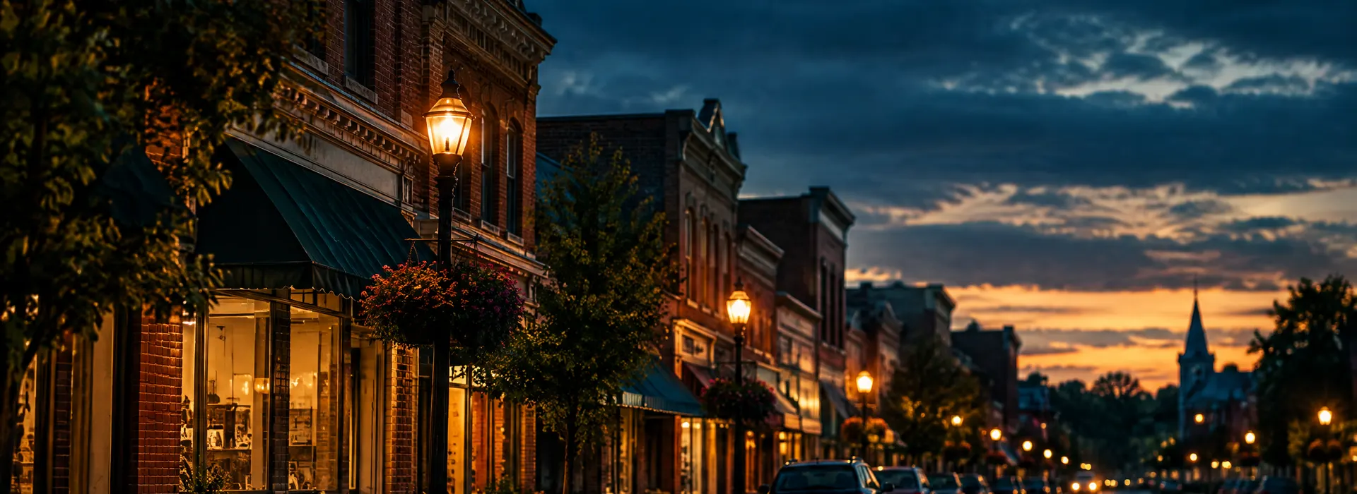 Brick small-town main street at dusk in Mercer County, Illinois