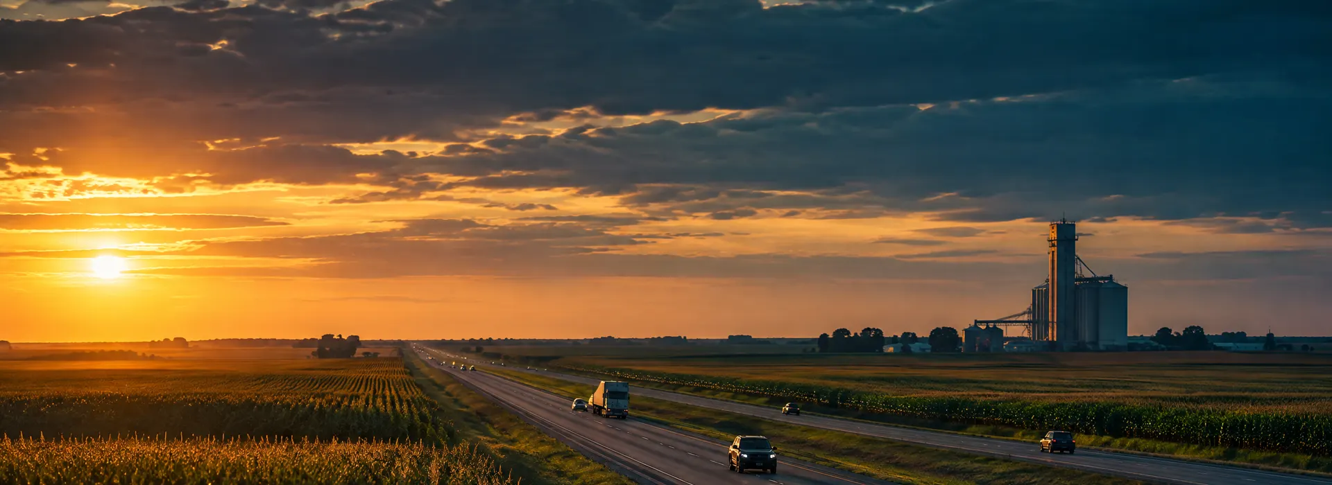 Interstate highway through cornfields at golden hour in Henry County, Illinois