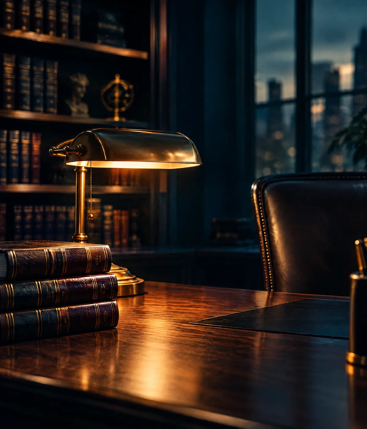 Law books and a brass desk lamp on a walnut desk in a Davenport law office