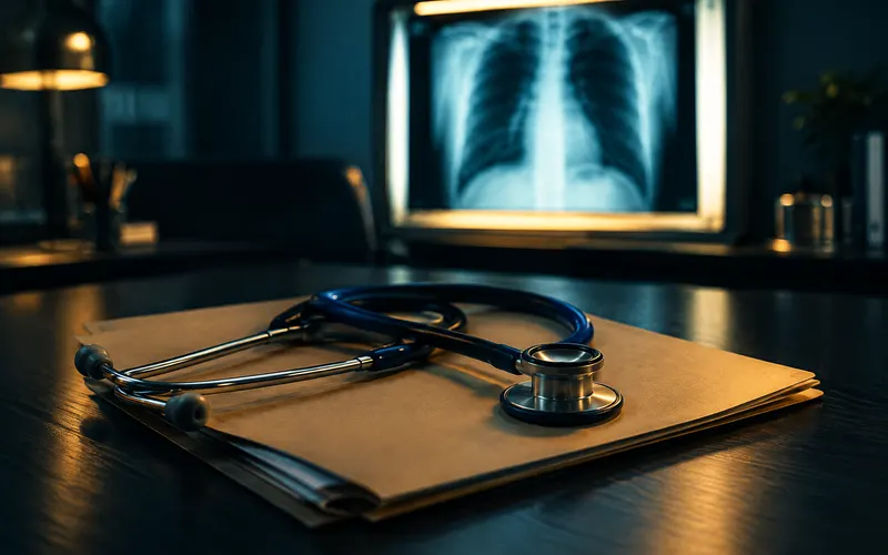 Stethoscope on a medical file with an X-ray in the background, representing Iowa medical malpractice claims